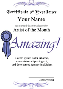 art certificate, blue ribbon, winner