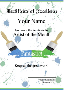 art certificate, paint spaltter, paint brushes