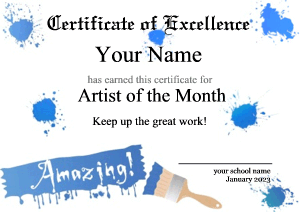 art certificate, paint splatter, blue