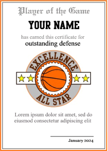 basketball certificate with frame, all star background, portrait