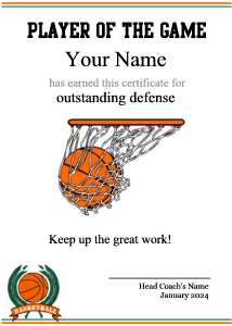 basketball certificate template, player award