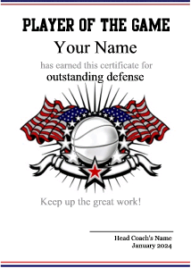basketball certificate, American flag, bald eagle, basketball