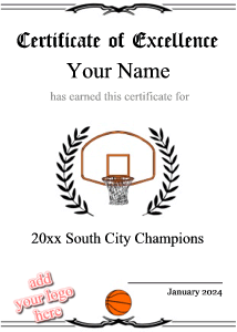 basketball certificate, basketball goal, crest