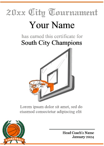 formal basketball certificate design, goal, backboard, net