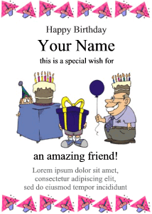 certificate for birthday, cake, party balloons