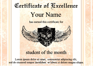 skull certificate border, winged crest, pink
