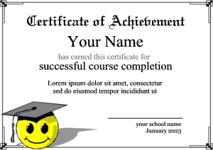 certificate template, smiley face, cap and tassle