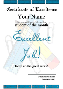certificate, ruler, pencil, eraser, paper clip