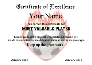 certificate template, soccer, fire, love