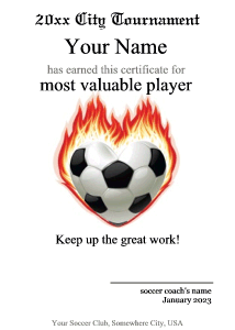soccer certificate, fire, player of the game