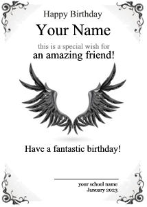 birthday certificate, winged crest, wings, black