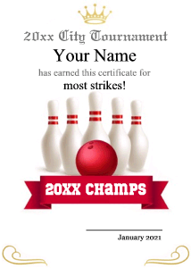 bowling certificate, red, ribbon, personalize