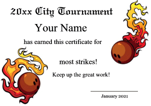 kids bowling certificate, flaming bowling ball