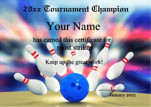 bowling certificates, colorful, character