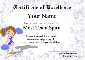 cute cheerleader certificate template, butterfly border
