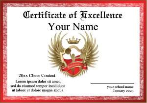 cheerleading certificate, official crest, champion