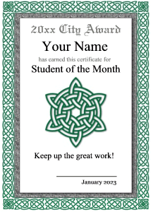 award certificate, Celtic Knot border, blue