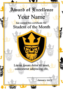 award certificate, skull, king, crest, black and gold