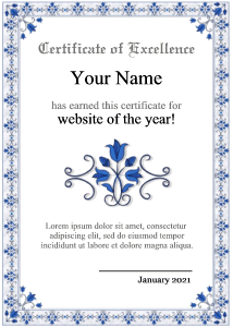formal certificate, floral pattern, blue