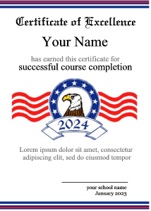 certificate, USA flag, bald eagle, star and stripes
