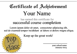 certificate template, top of the class