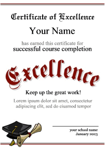 certificate of excellence, cap, diploma, copy space
