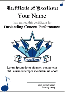 award certificate template, music, stars, notes, blue