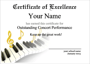 music certificate, piano keys, music notes