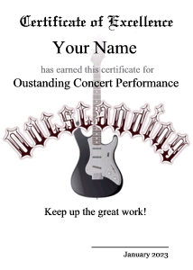 guitar award certificate, electric guitar, rock and roll