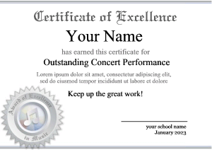 certificate template, medal, silver, music award