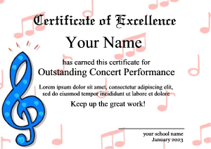 certificate template, clef note, music note background