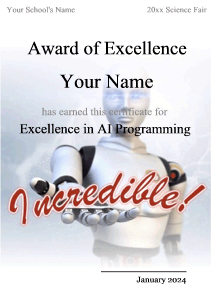 award certificate, AI, programming, robotics