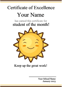 happy certificate template, cute sun