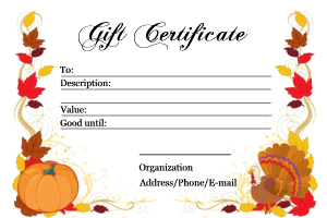 Thanksgiving gift voucher, turkey, pumpkin