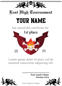 certificate template, skull, flames, cross bones